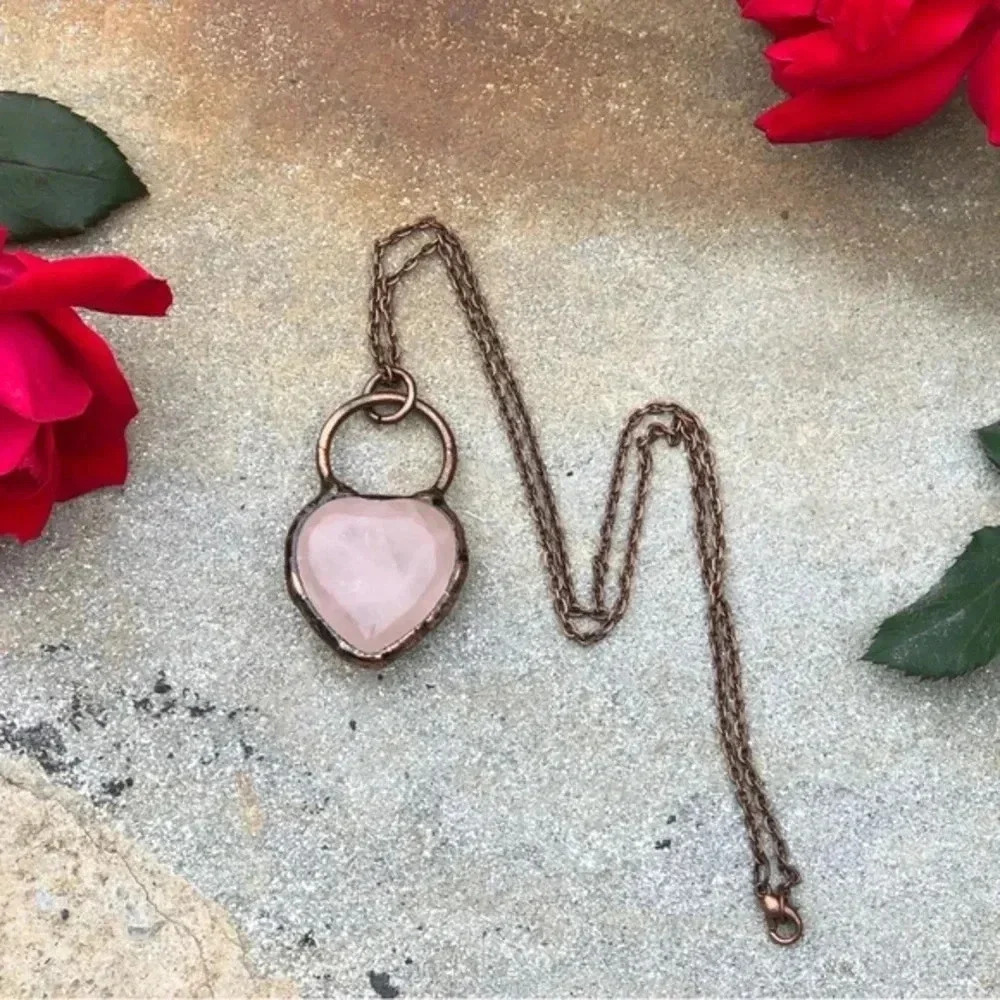 Gorgeous Handmade Heart Shape Rose Quartz and Antiqued Copper Rustic Necklace